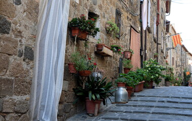 Mit Blumen geschmückte Gasse in Bolsena