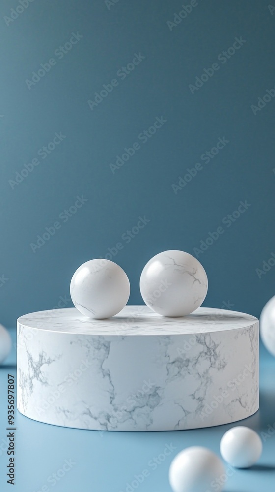 Poster two pristine white eggs gracefully rest on a circular marble pedestal, surrounded by soft light and 