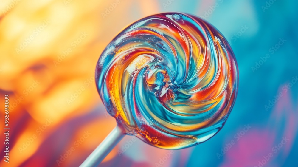 Poster macro shot of a single, shiny lollipop with intricate details, highlighting its swirling patterns an