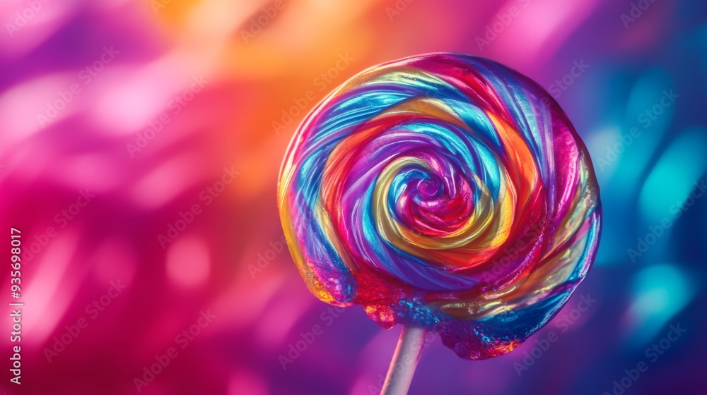 Poster macro shot of a single, shiny lollipop with intricate details, highlighting its swirling patterns an