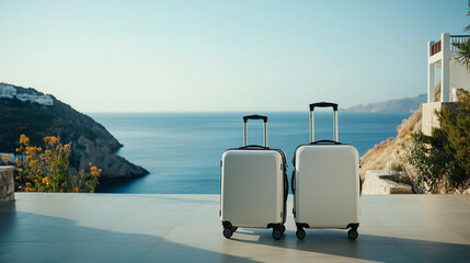 white suitcases by sea travel luggage vacation destination summer holidays luxury resort coastal getaway Greece Santorini tourism trip planner scenic landscape mediterranean sea vacation rentals lugga