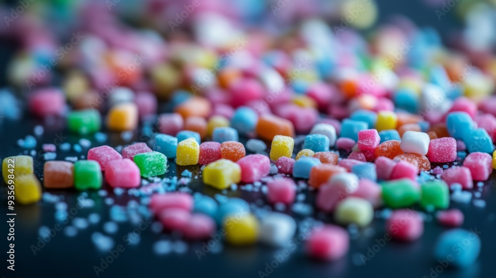 Poster macro view of a variety of small, brightly colored candy pieces scattered on a surface, highlighting