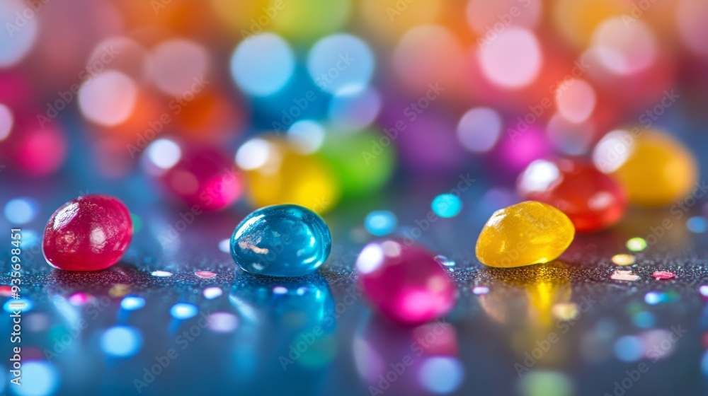Poster macro view of a variety of small, brightly colored candy pieces scattered on a surface, highlighting