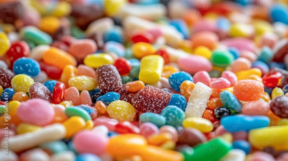 Poster macro view of a variety of small, brightly colored candy pieces scattered on a surface, highlighting