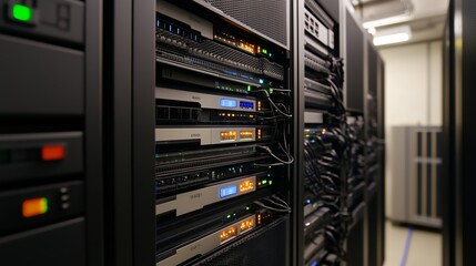 High-tech server racks illuminated with LEDs in a data center environment during the day