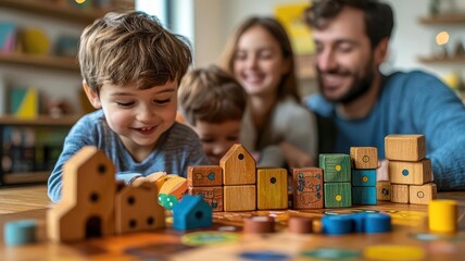 Sustainable wooden board games, family game night scene