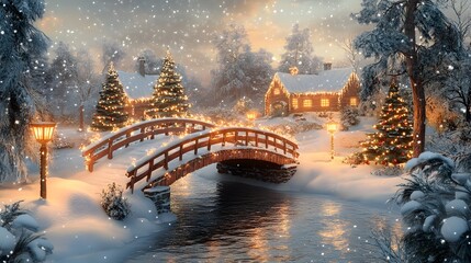 97. A picturesque winter holiday scene with a snow-covered bridge and twinkling lights