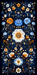 Rich blue and gold floral design on a dark background, Arabic floral pattern. Ornate floral motif with deep blue and gold hues, great for luxury home decor, packaging, stylish graphic design projects