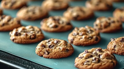 Reusable silicone baking mats, arrayed with fresh cookies