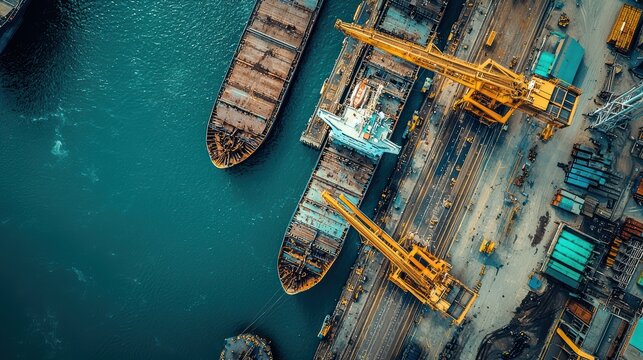 Aerial view of busy shipyard with cranes and cargo ships, showcasing industrial activity and vibrant colors. 