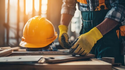 A construction worker is focused on measuring wood with ruler, wearing hard hat and gloves, showcasing determination and professionalism. 