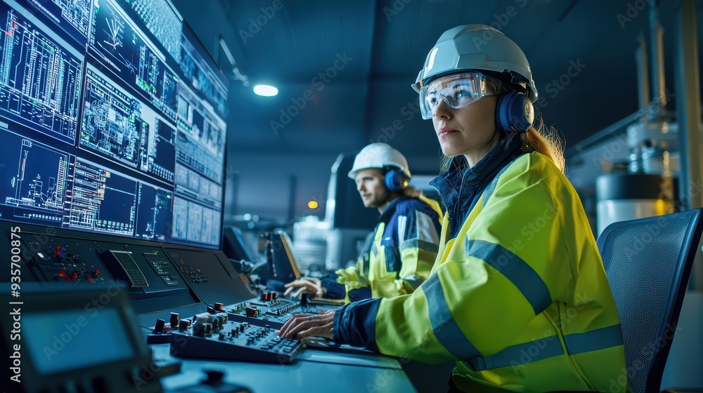 Poster focused workers in safety gear operate advanced control systems in high tech environment, showcasing