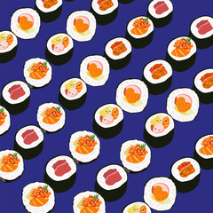 Traditional Japan food. Set of various flat vector sushi. Sushi pattern on a blue background