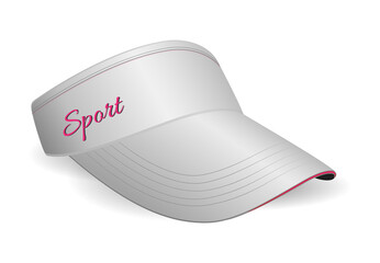 An illustration of vibrant white sports visor cap designed with a sleek, curved brim and a stylish embroidered "Sport" text on the front. for outdoor activities, this visor offers both sun protection
