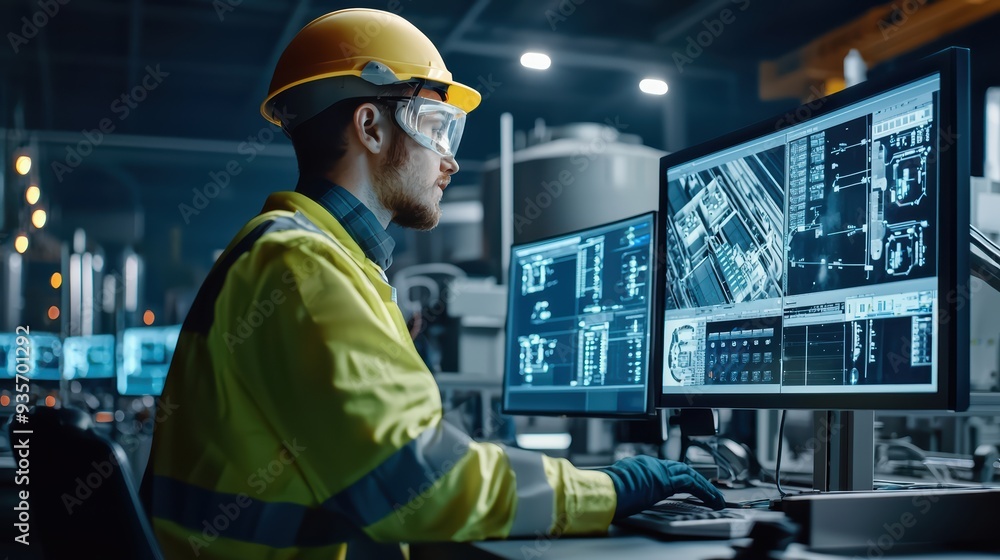 Poster a focused engineer in safety helmet and goggles analyzes data on multiple screens in modern industri