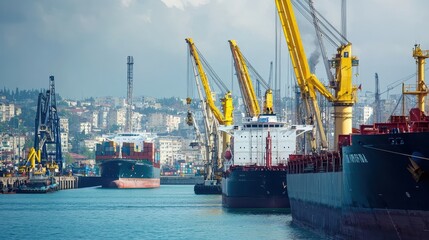 Naklejka premium Busy port scene with large cargo ships and cranes, showcasing industrial activity and maritime logistics. 