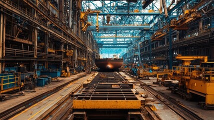 Large industrial shipyard with cranes and machinery 