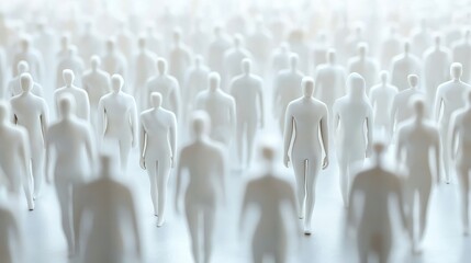 Obraz premium A large crowd of faceless white figures walking towards the light. The image creates a sense of anonymity and conformity. A powerful visual metaphor for society.
