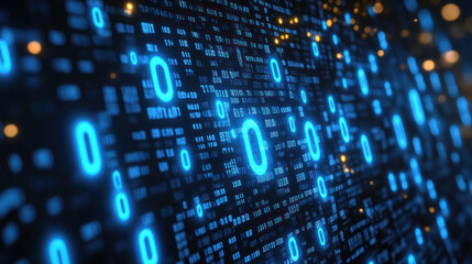 Fototapeta premium Blue glowing binary code flowing on a black background