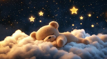 A cute teddy bear sleeping on fluffy clouds under a starry night sky