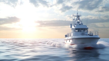 Naklejka premium A white boat sails on calm ocean waters towards a bright, golden sunset.