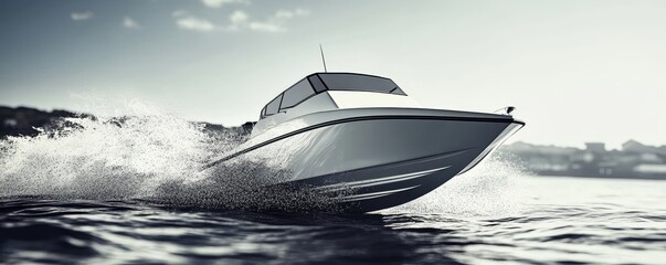 A white speedboat cuts through waves on a sunny day.