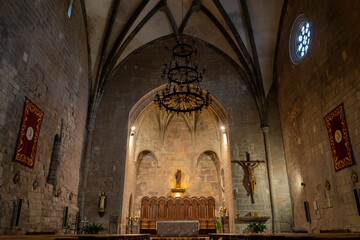 Interior of a medieval church, in Basilica Virgen de la Peña, Graus, Huesca (Spain)
