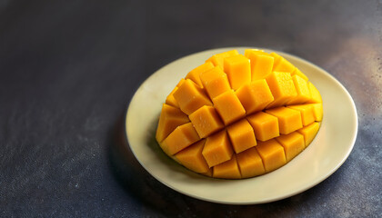 Ripe mango is beautifully sliced and presented on a plate 
