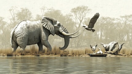 Fototapeta premium An elephant walks through a river with birds flying above and others resting on the bank.
