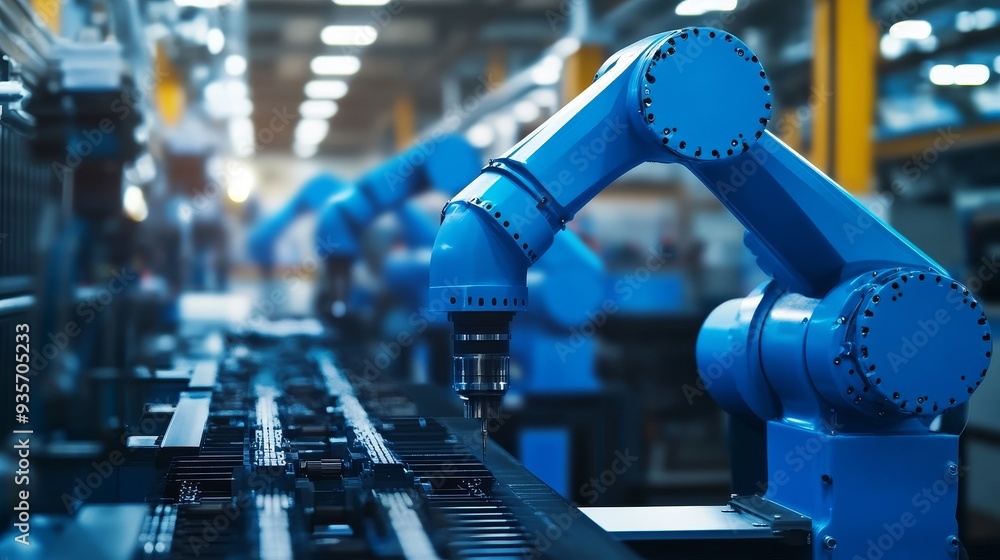 Poster blue robotic arms on an assembly line in a modern factory. automation and technology in manufacturin