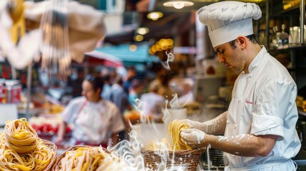 A skilled chef prepares fresh pasta in a bustling market, showcasing culinary talent and vibrant food culture.