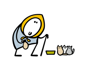 Doodle kind old lady feeds stray kittens. Vector illustration of a woman holding little bag of food, a bowl and small cats. Taking care of animals. Isolated person on white  background.