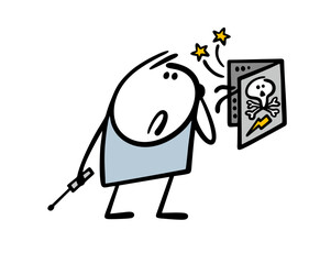 Confused stickman electrician opened the box and repaired electrical panel. Vector illustration of a husband with a screwdriver and wires. Dangerous work, skull and bones.