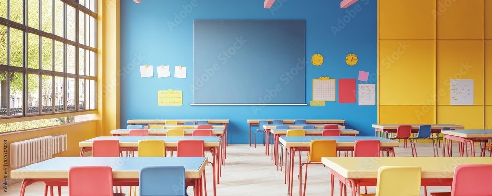 Poster empty classroom with colorful desks and chairs, ready for learning.