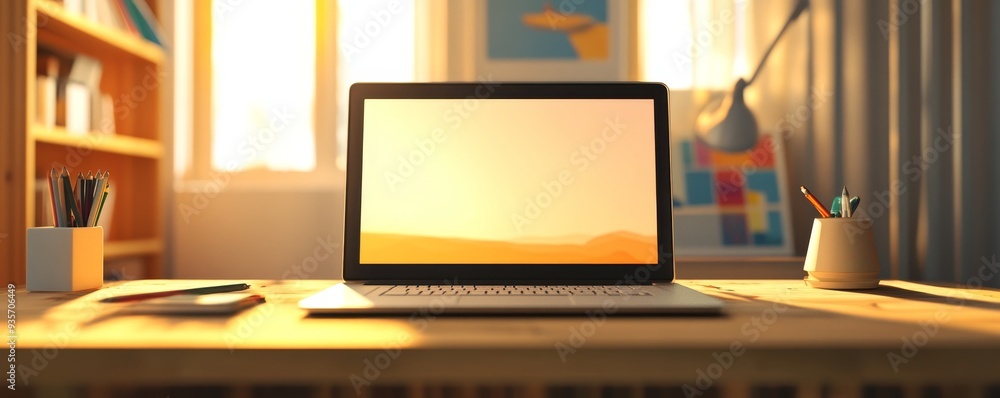 Poster laptop on a desk with window light and a bookshelf.