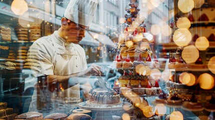 Obraz premium A skilled baker decorates a stunning cake in a vibrant bakery filled with intricate pastries and beautiful bokeh lights.