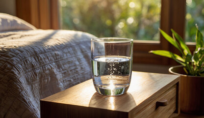 A glass of water sits on a wooden table, illuminated by morning light, with a neatly made bed in the background a refreshing start to your day.