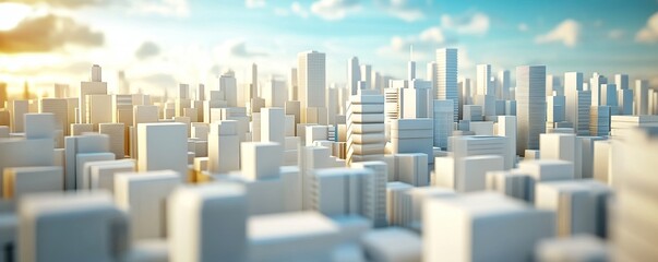 Obraz premium Modern city skyline with white buildings and blue sky.