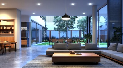 Modern living room with large windows overlooking a lush green garden.  The room is decorated with contemporary furniture and warm lighting.
