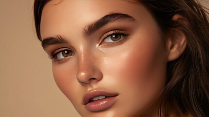 Fototapeta premium Close up portrait of a woman's face with brown hair and eyes.