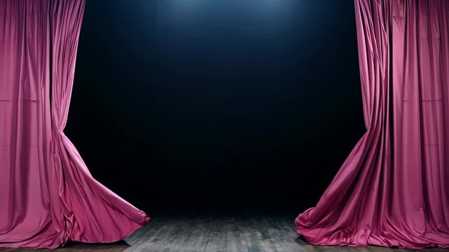 Pink curtains are drawn back on a dark stage, creating the effect of a grand opening or the beginning of a performance.