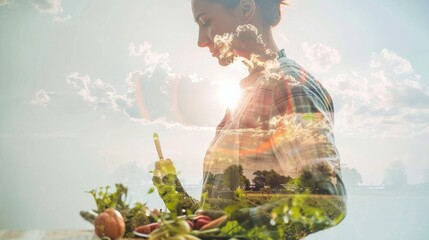 A serene image showcasing a woman with a double exposure of nature, reflecting on healthy living and organic produce.