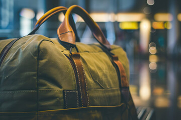Closeup of a duffel bag with a blurred background at a busy travel location