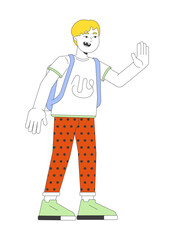 Caucasian schoolboy goodbye waving 2D cartoon character. Hello gesturing blond boy with backpack isolated flat vector person white background. Back to elementary school color spot illustration