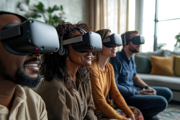 Group Enjoying Virtual Reality Experience Together in Living Room