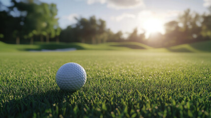 The golf ball is on a green lawn in a beautiful golf course with morning sunshine.