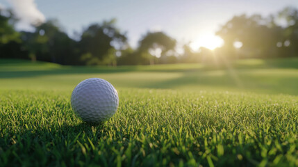 The golf ball is on a green lawn in a beautiful golf course with morning sunshine.