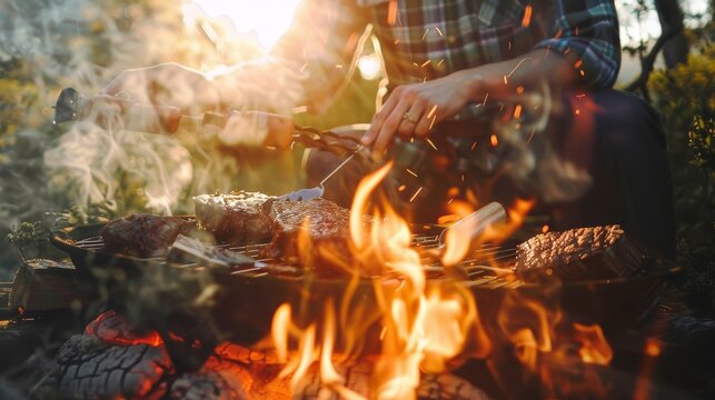 A person grills meat over an open flame, surrounded by nature, capturing the essence of outdoor cooking and summer gatherings.