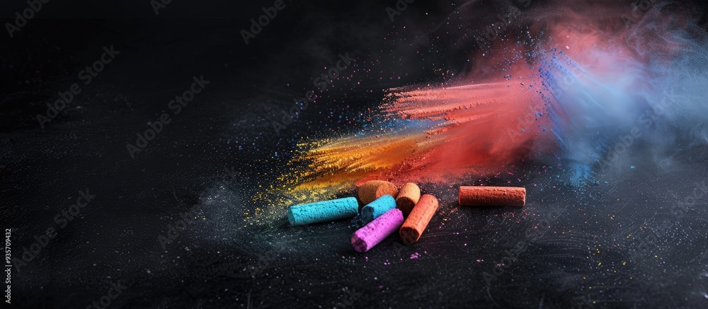 Poster colorful chalk on a black background. copy space image. place for adding text and design