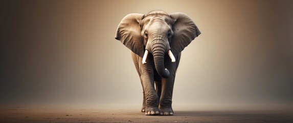 An elephant with large ears and tusks walks towards the viewer